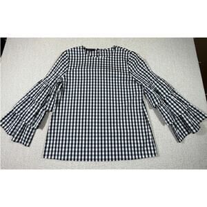 Lafayette 148 Women's Medium Black White Gingham Check Ruffle Long Sleeve Shirt